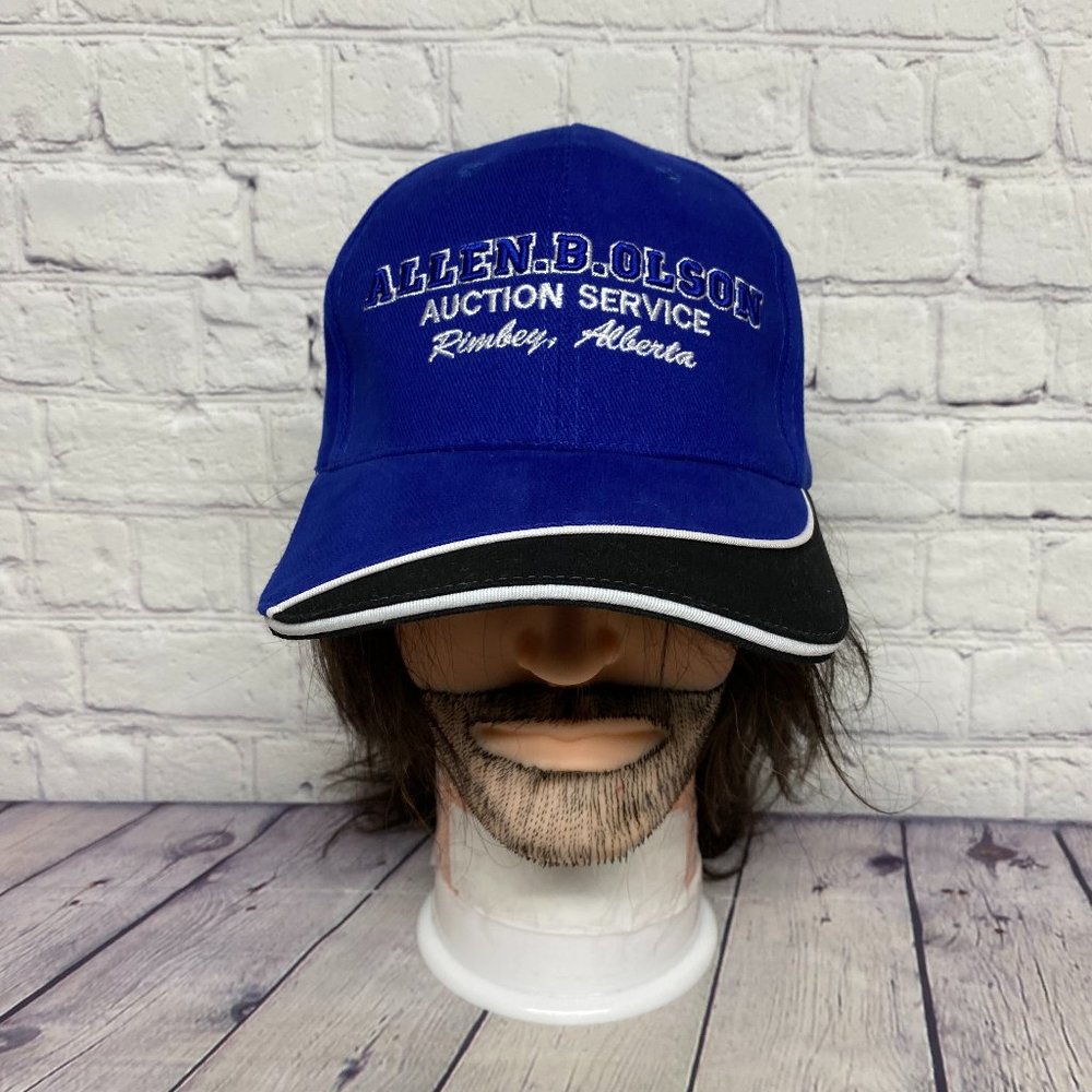 Vintage 90s Hat Cap Strap Back Blue Black Allen B Olson Auction Embroidered Logo